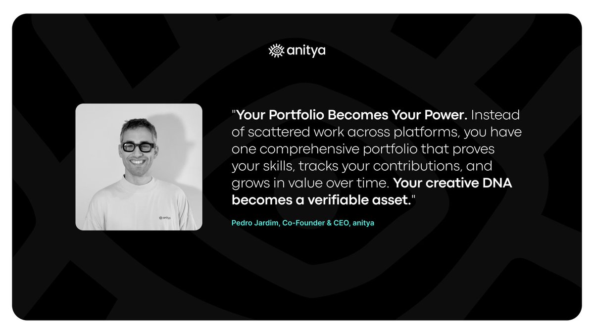 Your portfolio is not just proof of work, it is proof of evolution.

With anitya, every creation you make strengthens your creative DNA, turning your ideas, skills, and collaborations into verifiable assets that grow in value over time.

The future of creativity is traceable,