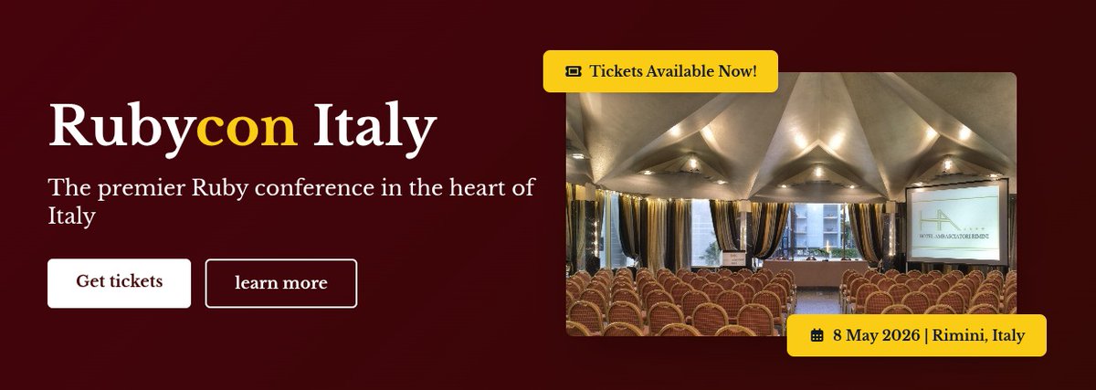 rubyconitaly's tweet image. Tickets for #Rubycon are finally available!

Grab yours here before it&apos;s too late! ti.to/rubycon/rubyco…