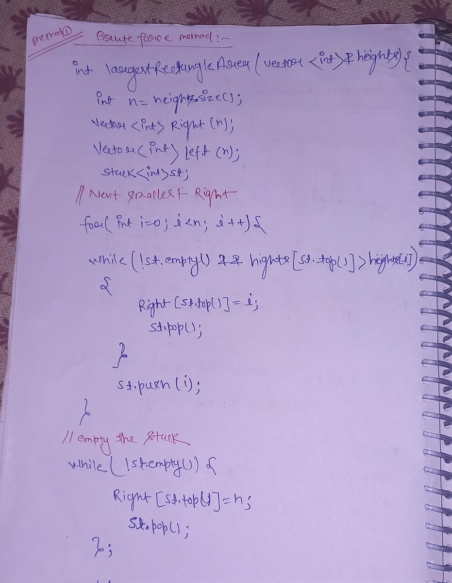 programmersatya's tweet image. 💡 Day 8 of #100DaysOfDSA
I focused on solving some DSA problems
✅ Largest rectangle in histogram
I’m currently learning Data Structures & Algorithms in C++ from the CoderArmy YouTube channel with Rohit Negi brother — an amazing mentor .
#100DaysOfCode #DSA #CodingJourney