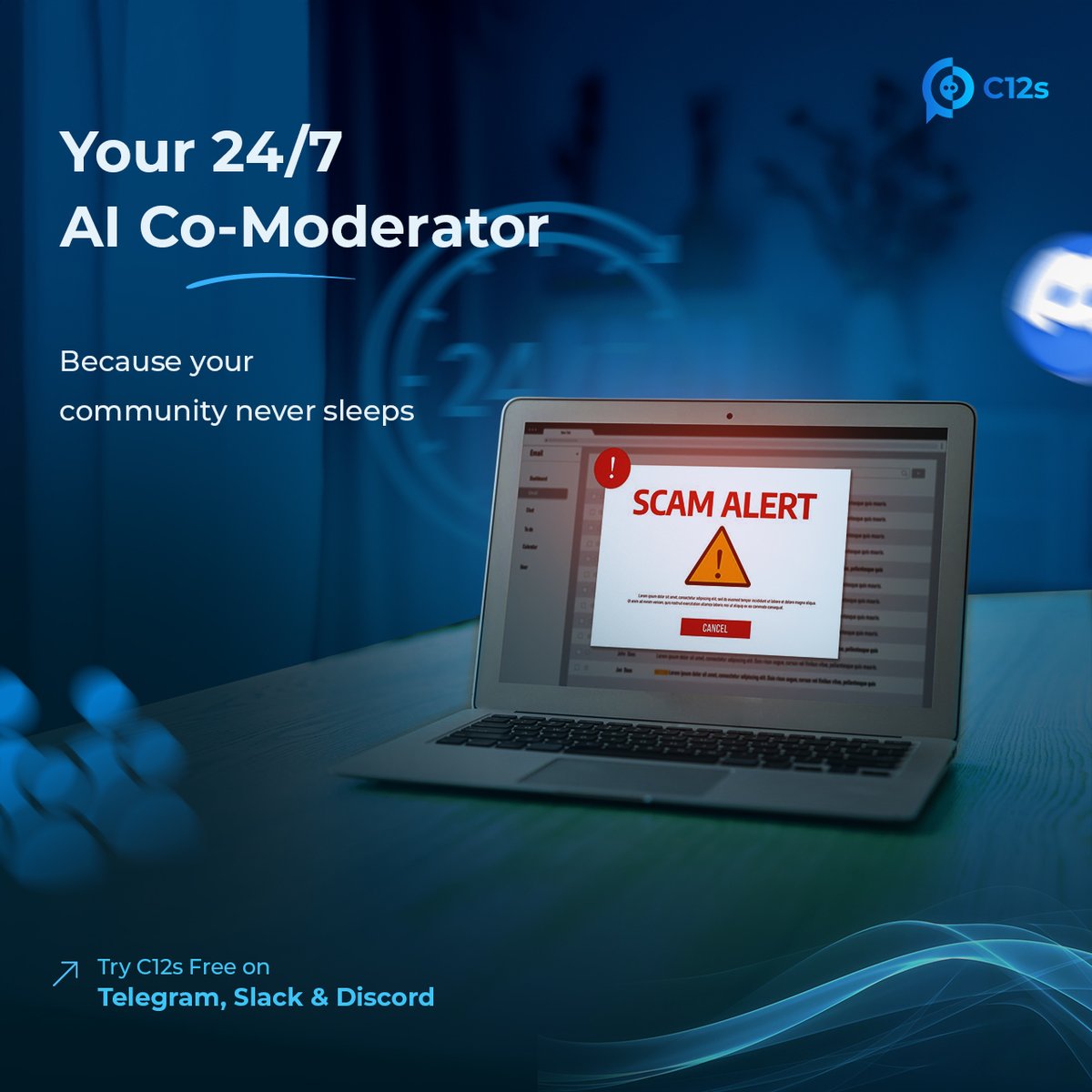 Your community doesn’t sleep. Neither should your moderator.

Running a Telegram, Discord, or Slack group isn’t easy.
Spam hits at 3 AM.
Bots slide in when no one’s watching.
And the same questions keep popping up every single day.

C12s.ai steps in like your 24/7