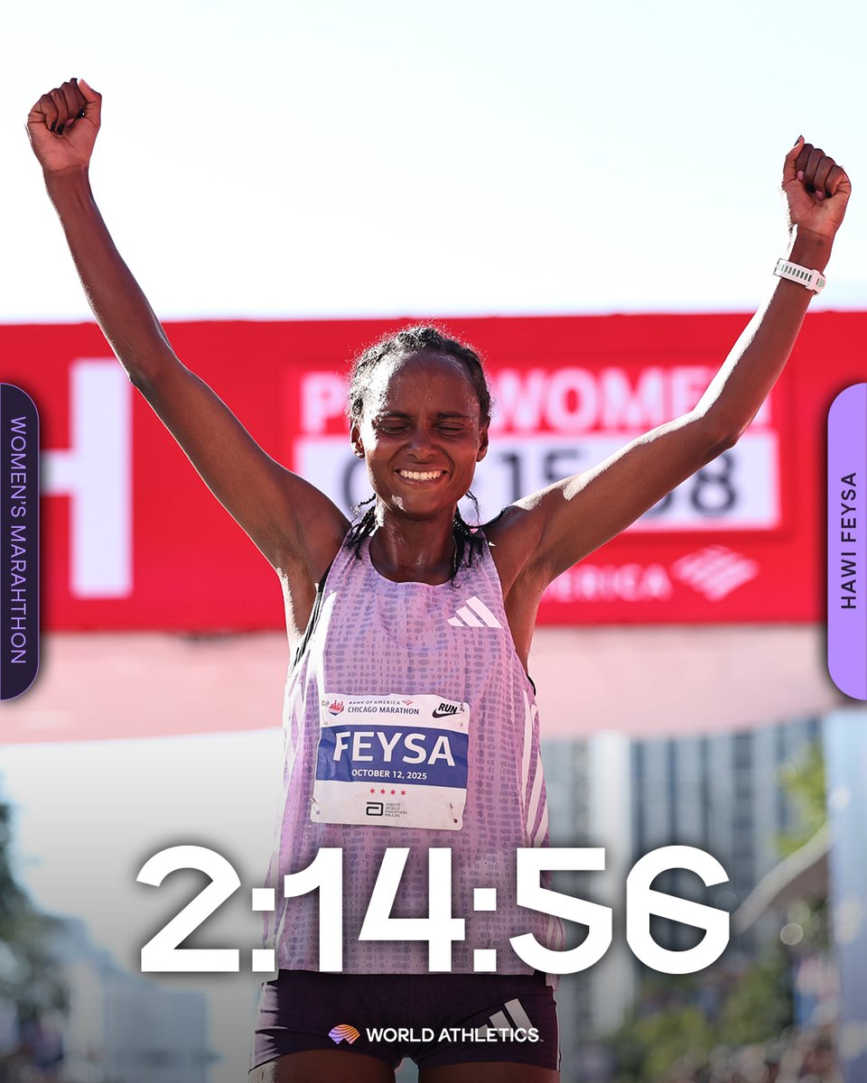 5th of all time 😤 

🇪🇹‘s Hawi Feysa storms to victory at the <a href="/ChiMarathon/">Chicago Marathon</a>  marathon in 2:14:56, becoming the fifth fastest woman in history 🤯 

Her compatriot Megertu Alemu finishes in second for a 1-2 Ethiopian finish ✨