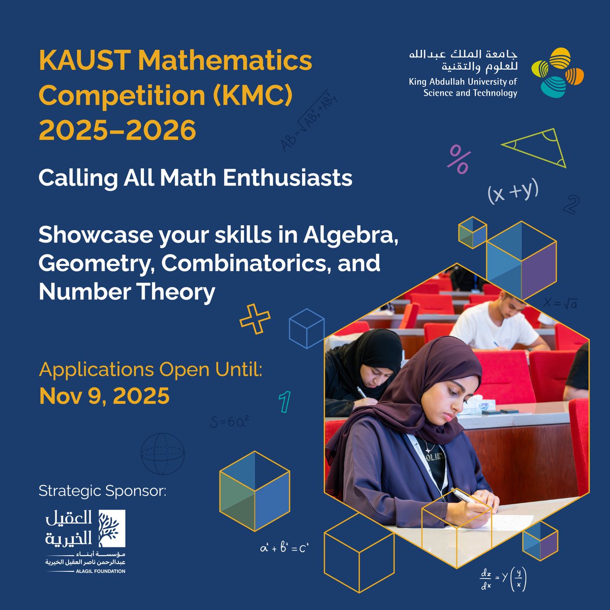 KAUST_Academy's tweet image. Are you a middle or high school student ready to test your skills Mathematics?
Register now for the KAUST Mathematics Competition (KMC) 2025–2026!
🏆 Win cash prizes, gain access to KAUST Academy programs, and even score a spot at the Cambridge Summer Math Camp!
📅 Applications…