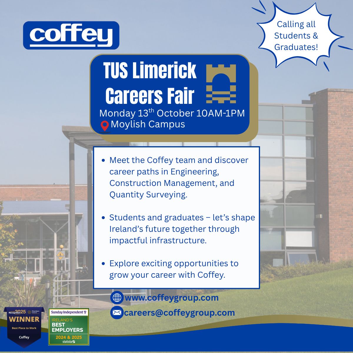 CoffeyGroup's tweet image. Tomorrow, @CoffeyGroup will be at the @TUS_ie  Limerick Careers Fair 
 📍 Moylish Campus 🕙 10AM–1PM
Come meet our team &amp;amp; explore graduate roles in engineering &amp;amp; infrastructure.
#CoffeyCareers #TUSLimerickCareersFair #EngineeringFutures