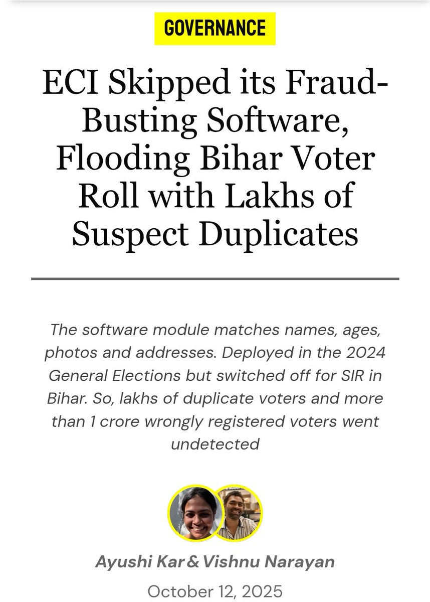 kkjourno's tweet image. चुनाव आयोग ने बिहार में अपनी ही गाइडलाइन का उल्लंघन किया। आयोग के पास वोटर लिस्ट में डुप्लीकेट एंट्री पकड़ने के लिए एक सॉफ्टवेयर है जिसका बिहार में इस्तेमाल ही नहीं किया गया।
रिपोर्टर्स कलेक्टिव ने अपनी रिपोर्ट में बताया है कि उन्हें चुनाव आयोग के टॉप ऑफिसर्स ने कंफर्म किया है…