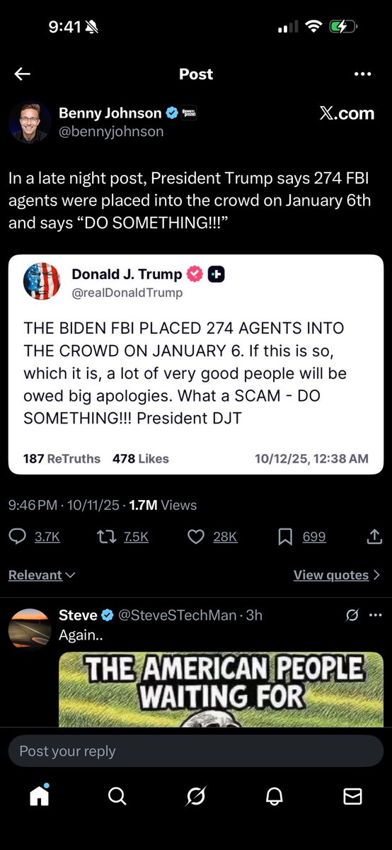 JonTheMan89's tweet photo. That claim is false / misleading. Here’s a breakdown of what the evidence shows and how the claim distorts it:

⸻

What the watchdog / IG report says
•A December 2024 report by the Justice Department’s Office of Inspector General found no evidence that undercover FBI employees participated in the the Jan. 6 attack.  ￼
•The report did say there were 26 FBI confidential informants (sometimes called “sources”) present in D.C. that day, some of whom entered restricted areas or even the Capitol — but none of them were authorized to break the law or encouraged by the FBI to do so.  ￼
•The report also stressed that FBI policy prohibits having undercover employees in First Amendment–protected events (like protests) unless there’s a special authorization.  ￼

So while some informants were present, they were not acting under FBI direction to instigate violence, and there’s no verified support for the idea of “274 undercover agents” being embedded.

⸻

What’s wrong with the “274 agents” claim

Here are the key issues with the claim:
https://t.co/0hYhuTCIWu credible evidence for that number or role
The “274 agents” figure appears to come from a document or internal “after-action” style report, which reportedly states that “274 agents … responded to the Capitol and surrounding areas” after the breach began — not that they were planted in the crowd in advance or acting as provocateurs.  ￼
In other words, the number may refer to agents called in in response to the riot, not ones embedded covertly before or during it.
2.Equating “responded to” with “planted as agitators” is a leap
Even if agents later entered the area as part of the law-enforcement response, that is very different from being undercover provocateurs. The documents cited do not support the more incendiary claims about their role.  ￼
3.Misrepresenting informants as agents
The claim conflates “FBI informants / sources” with “FBI agents / employees.” The watchdog report explicitly distinguishes between the two, noting that no FBI employees were authorized to participate in the riot.  ￼
https://t.co/Q4uSxi3zyC attribution or verification of the documents
The documents that are cited in support of the 274-agent narrative have not been independently verified, and media outlets (like AP) have been unable to confirm their authenticity or the stronger claim about instigation.  ￼

⸻

Bottom line
•The core claim in the your screenshot — that “274 FBI agents were placed into the crowd on January 6” as covert provocateurs — is false / unsubstantiated.
•What is true (per the watchdog report) is that no undercover FBI agents participated, and 26 informants were present (some entering restricted areas) without being authorized to break the law or incite violence.  ￼