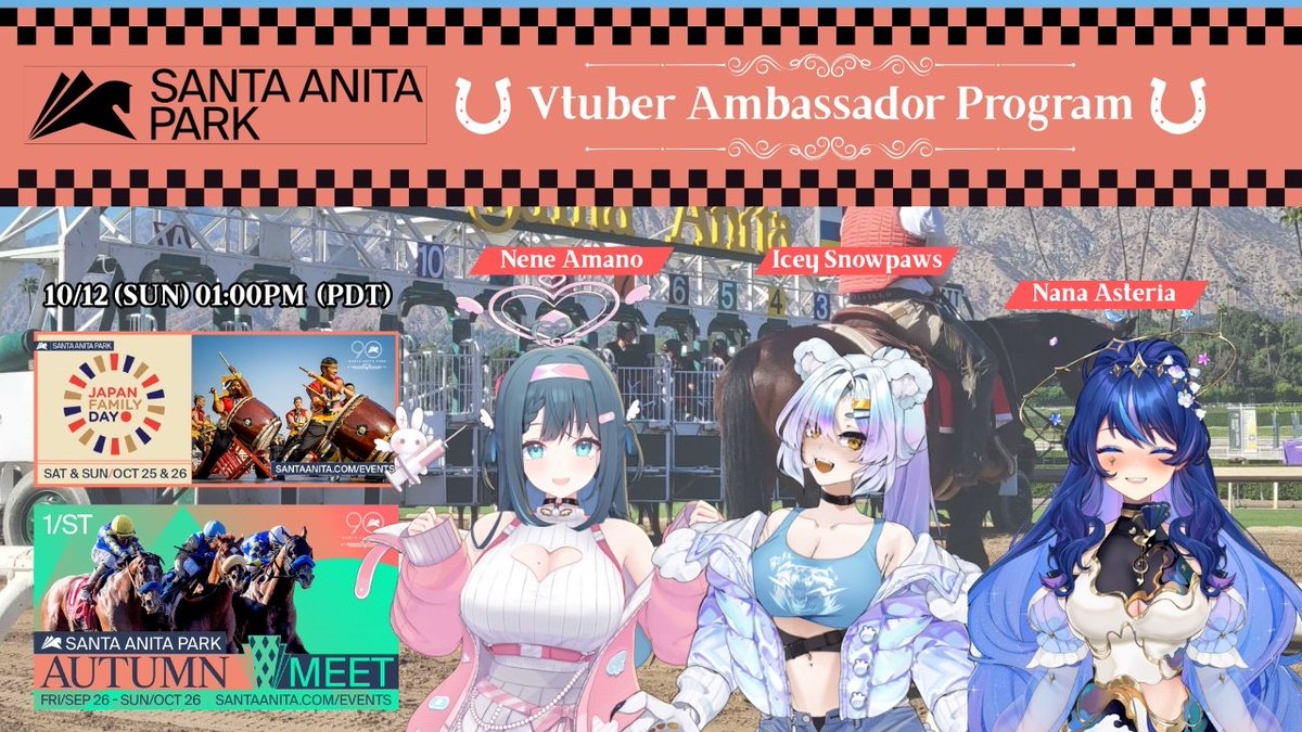 Good morning, trainers! It’s a perfect day to race, isn’t it? 🤠

🏇Our trainer <a href="/IceySnowpaws/">Icey Snowpaws 🐻‍❄️🧊【VAllure】</a> , <a href="/NeneAmanoVTuber/">Nene Amano☁️😇 天野寧々 VTuber | ASMR</a> , and <a href="/NanaAsteria/">Nana Asteria ✨💫</a> are joining our second round of the Umamusume program live from <a href="/santaanitapark/">Santa Anita Park</a> !

👇Catch the stream today at 1PM (PDT) — links below!