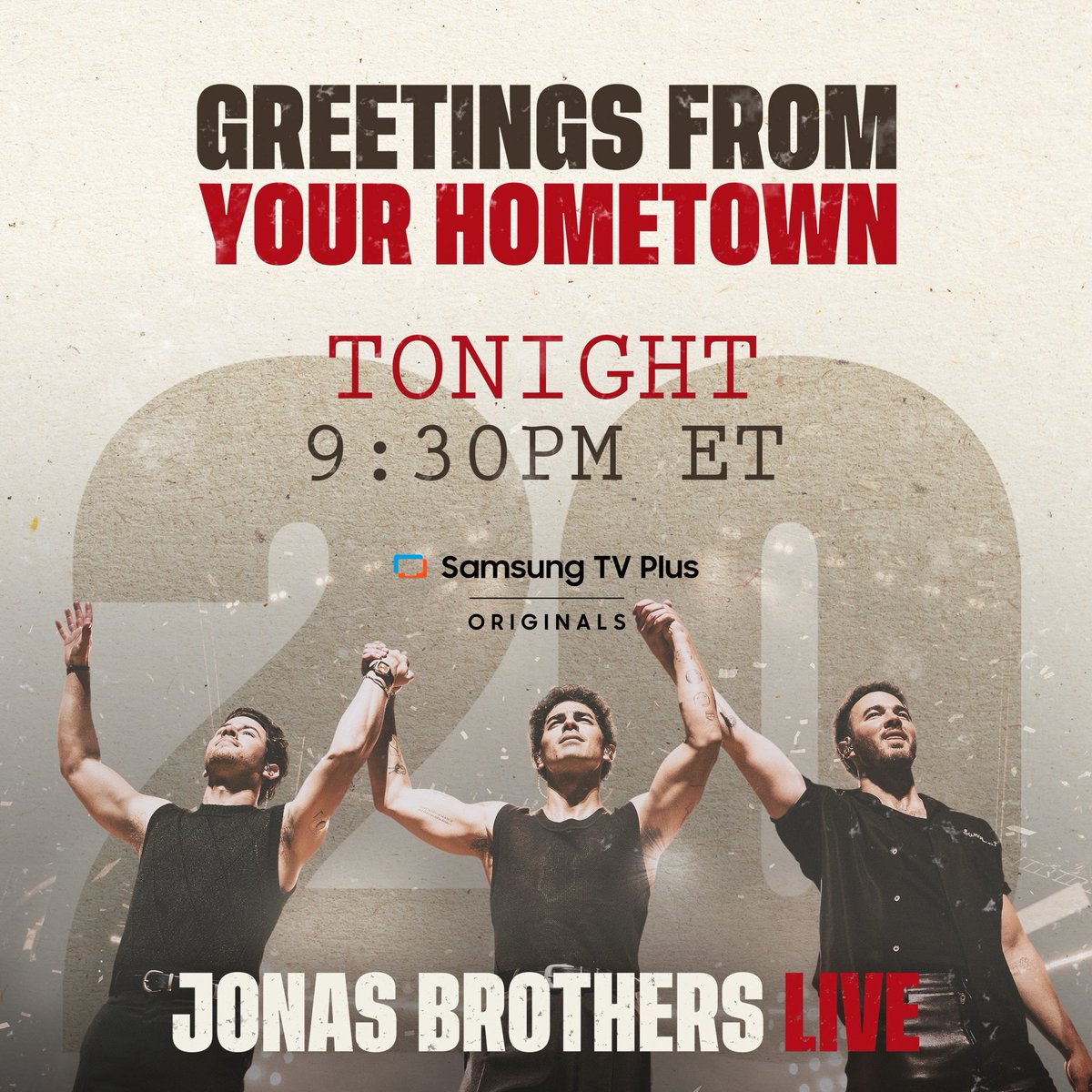 jonasbrothers's tweet photo. TONIGHT! Catch our Greetings From Your Hometown show LIVE from Milwaukee. Only on @SamsungTVPlus. You won’t want to miss this one 👀 https://t.co/FRy03aDIa6