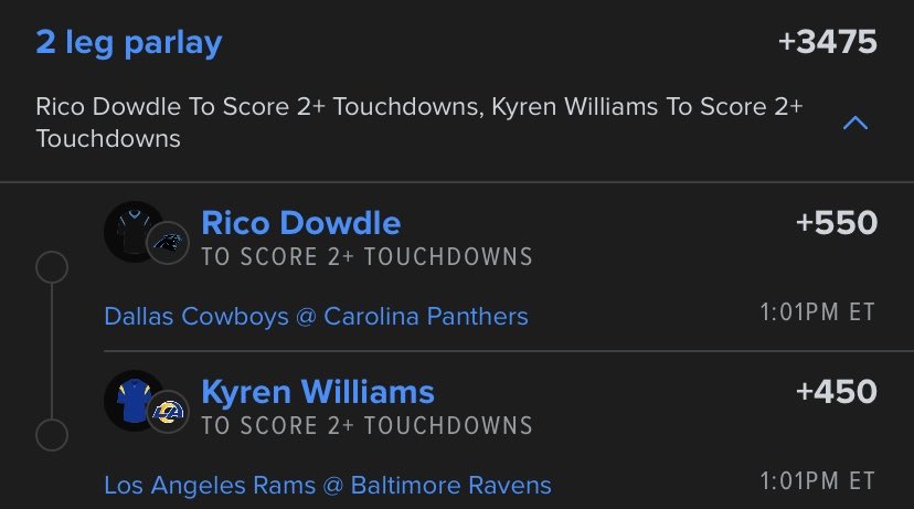 takethesebets's tweet photo. NFL Sunday Bets 

1u Browns +6.5 -105
1u on the ML Lay +228
0.5u Keenan Allen ATD +140
0.5u on the 3 Leg Rush Yards Lay +176
0.2u on Cooper Kupp + Hunter Henry ATD +1080
0.1u on the 2+ TD Lay +3475 https://t.co/wDSfzJjgmW