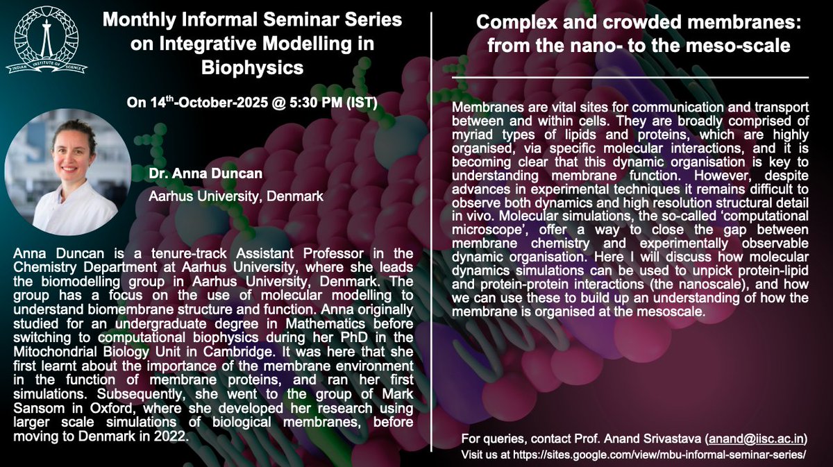mbuanand's tweet image. Anna Duncan (Aarhus Univ) will be speaking this Tues (Oct 14) (530 PM IST, 2 PM CEST, 8 AM ET) in our Integrative Modeling Webinar Series. Please DM @Jmondal_tifrh or me if you don&apos;t have Zoom details and would like to attend. Lipid Geeks will particularly enjoy this talk IMO.