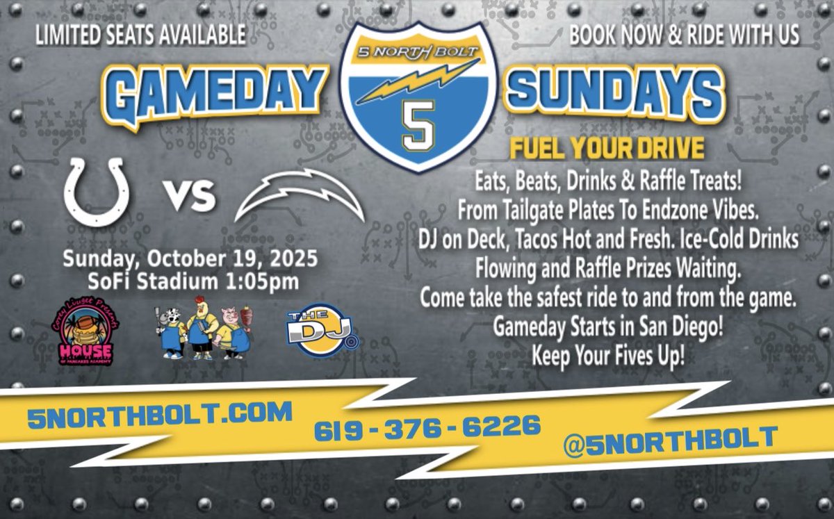 🚎 LIMITED SEATS-UNLIMITED VIBES
From DJ, tacos &amp; drinks to raffle treats, 5NB is YOUR ride to SoFi!
Game-day isn’t the same without US! SD, Oside, OC let’s ride!

#BoltUp #chargers #sandiego #oceanside #orangecounty #colts #vikings #steelers #eagles #raiders #texans #bookAride