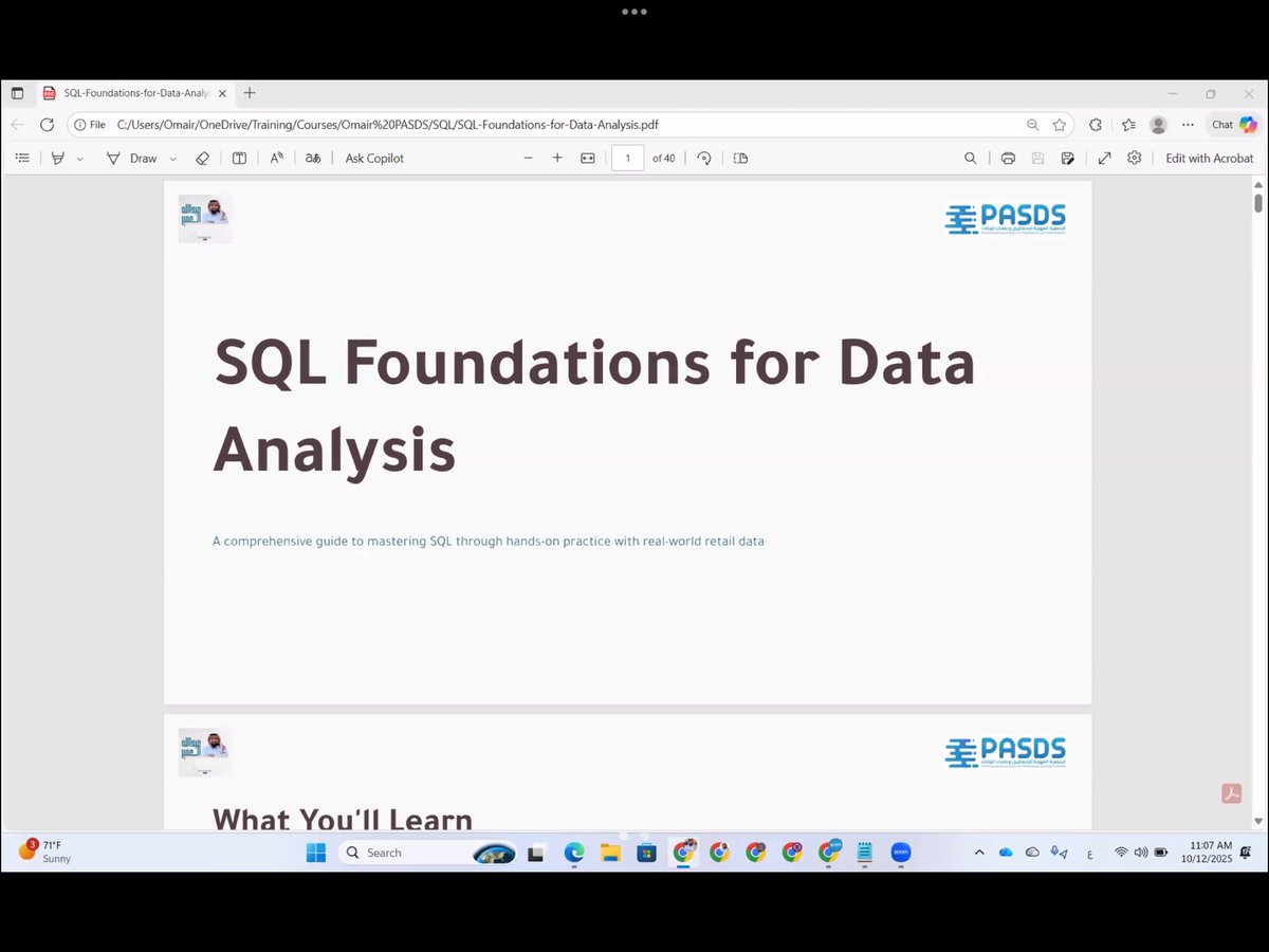 xu2il1's tweet image. مستمتعة بورشة تحليل البيانات 1
#Pasds_SQL من تنظيم الجمعية المهنية للإحصائيين وعلماء البيانات وتقديم د.عبدالله العمير 💻
محتوى ثري حول SQL ✨
شكرًا للجمعية وللمقدم على الورشة المميزة 👏