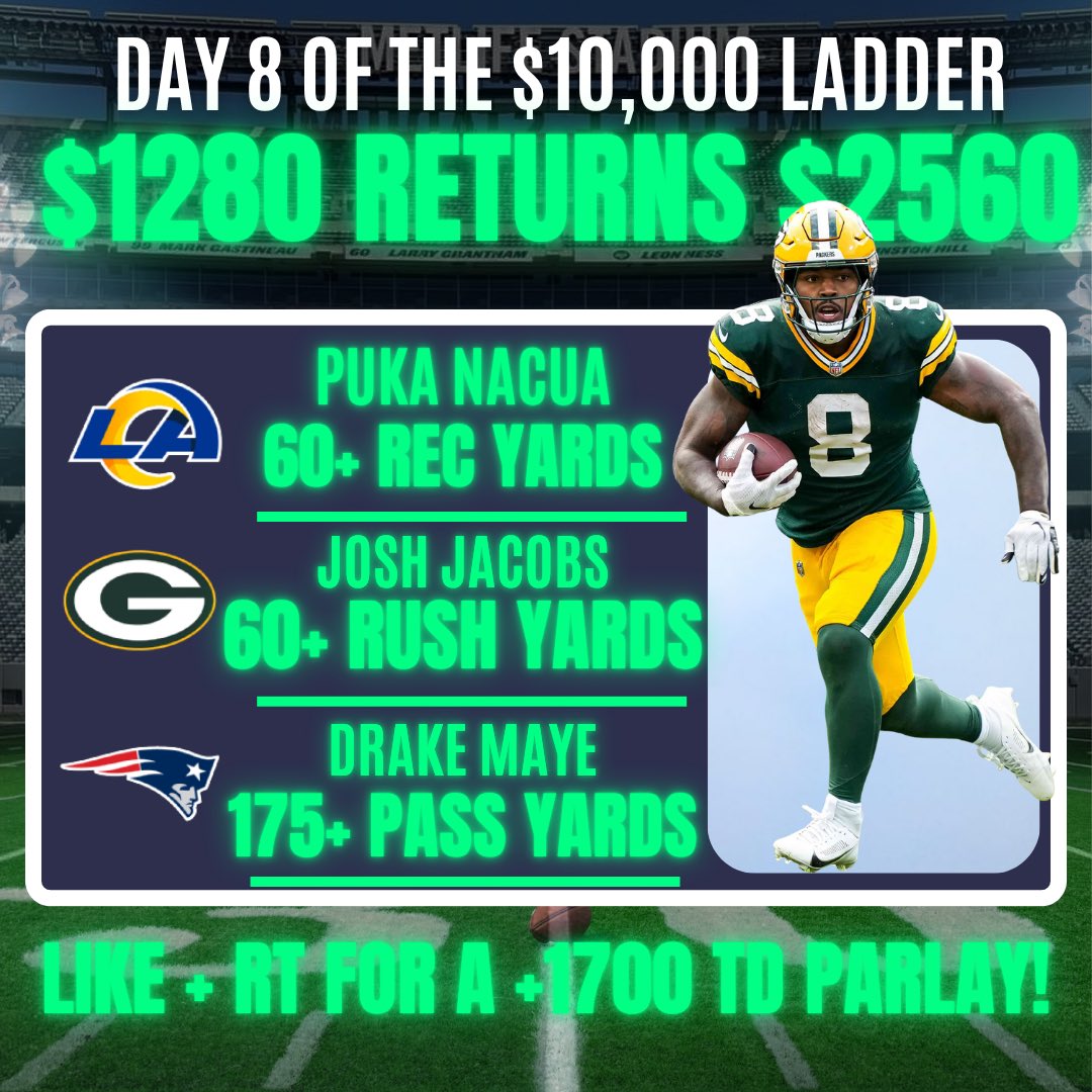10to10k_'s tweet photo. 🪜 NFL Sunday $10 to $10,000 Parlay 

🔒Turning $1,280 into $2,560 TODAY! 

💰 Day 8 Of The Challenge. Let’s Keep Climbing! 

❤️LIKE + REPOST &amp; I’LL SEND YOU MY +1700 ANYTIME TD PARLAY! https://t.co/2XQNk3nEOT