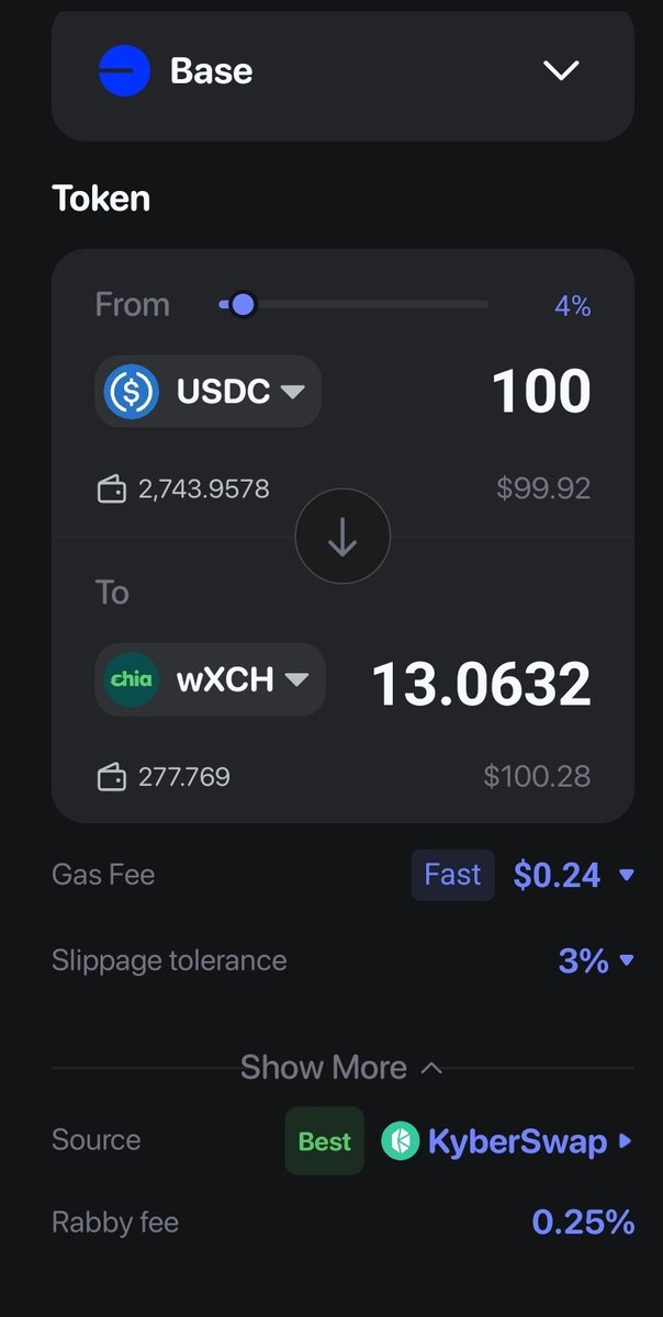 bflo14's tweet image. So many options to swap into $xch. 
9x.9mm.pro 
Matcha.xzy 
Bangswap.it
@base 
Just did it through @Rabby_io and routed it through @KyberNetwork