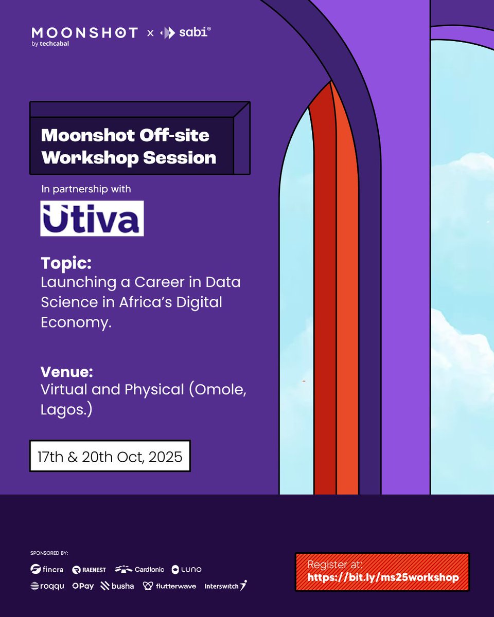 TechCabal's tweet image. Moonshot off-site workshops take hands-on learning beyond the main conference.
In collaboration with our workshop partners @utiva_io , this year’s off-site workshops will equip students, tech enthusiasts, and young professionals with practical skills, industry insights, and the…