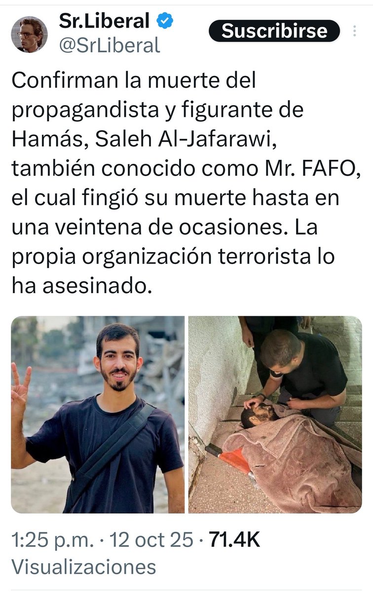 opinocol's tweet photo. Como es la vida, Saleh Al-Jafarawi propagandista furibundo de Hamás sobrevivió 2 años a lo que el mismo llamaba el "genocidio israelita" y no alcanzó a sobrevivir ni dos días a la "Palestina libre" en manos de sus amigos de Hamás. https://t.co/du5f9ZkSvC