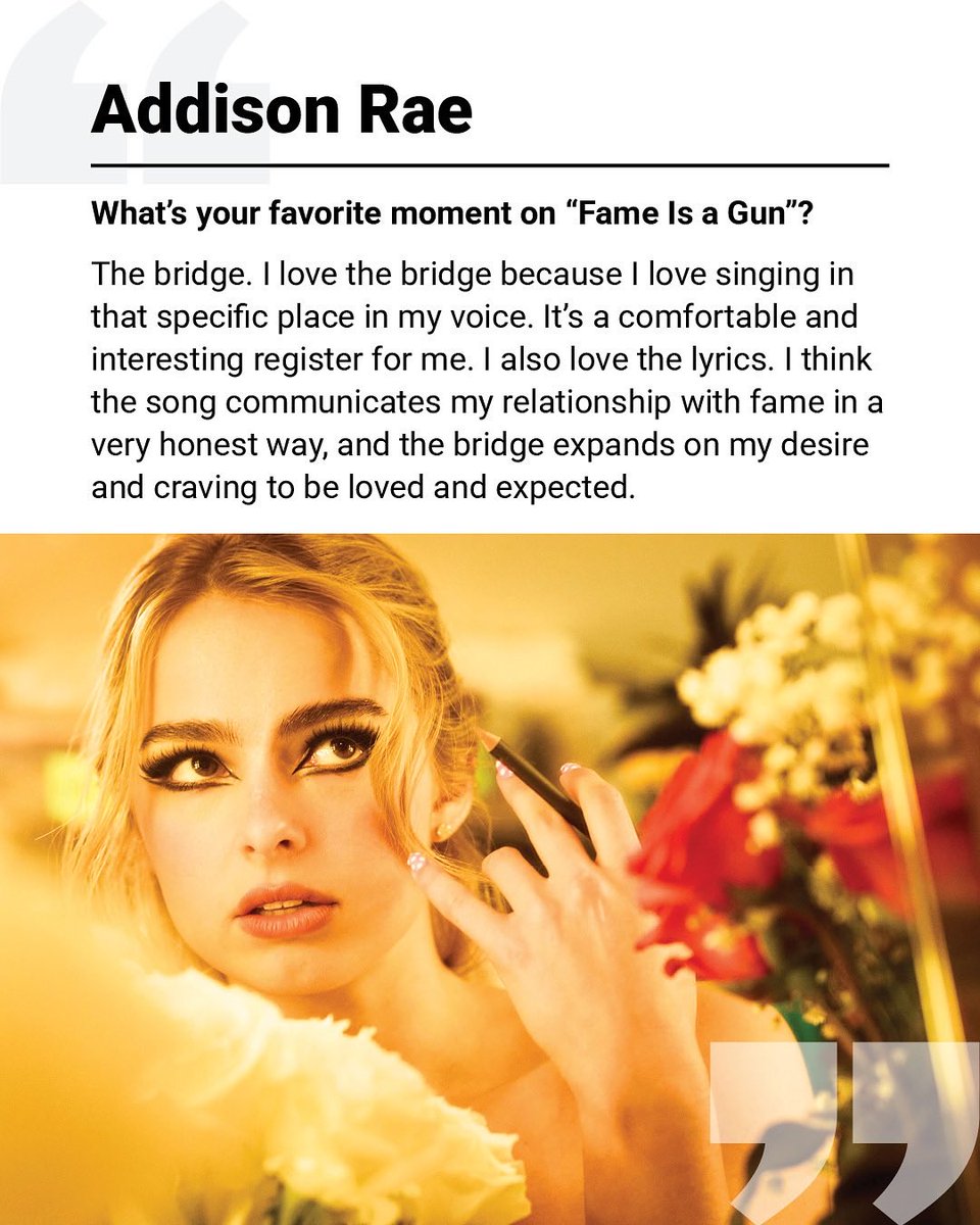 AccessAddison's tweet image. Addison Rae talks to @HITSDD about ‘Fame is a Gun’ for their GRAMMY Contenders article:
 
“The song communicates my relationship with fame in a very honest way […] the bridge expands on my desire and craving to be loved.”