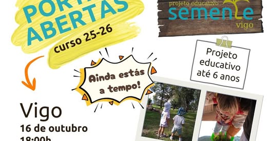 Nesta Quinta-feira, dia 16, temos portas abertas às 18h. Ainda temos vagas para este ano escolar 2025-26.

Se queres educar a tua criança em #galego ou se nom estás contente na escola na que está, vem-nos conhecer!

Inscreve-te no endereço: vigo@semente.gal

#EscolasSemente