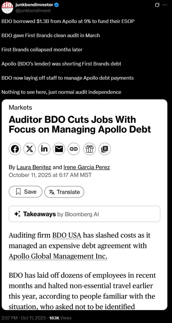 If we didn't think the story with <a href="/IonicDigital/">Ionic Digital</a> and their auditor BDO could get even worse. Let this post from <a href="/junkbondinvest/">junkbondinvestor</a> highlight even more issues. In March BDO gave a clean audit to First Brands, mere months later first Brands landed in Ch.11 with creditors raising the