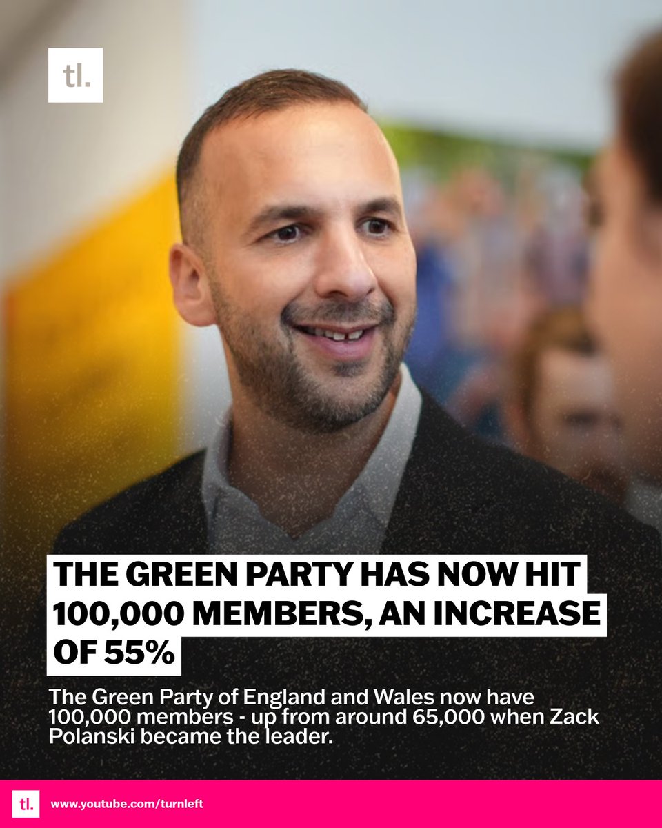 The Green Party now have 100,000 members, increasing their number by 55% since <a href="/ZackPolanski/">Zack Polanski</a> was elected leader.