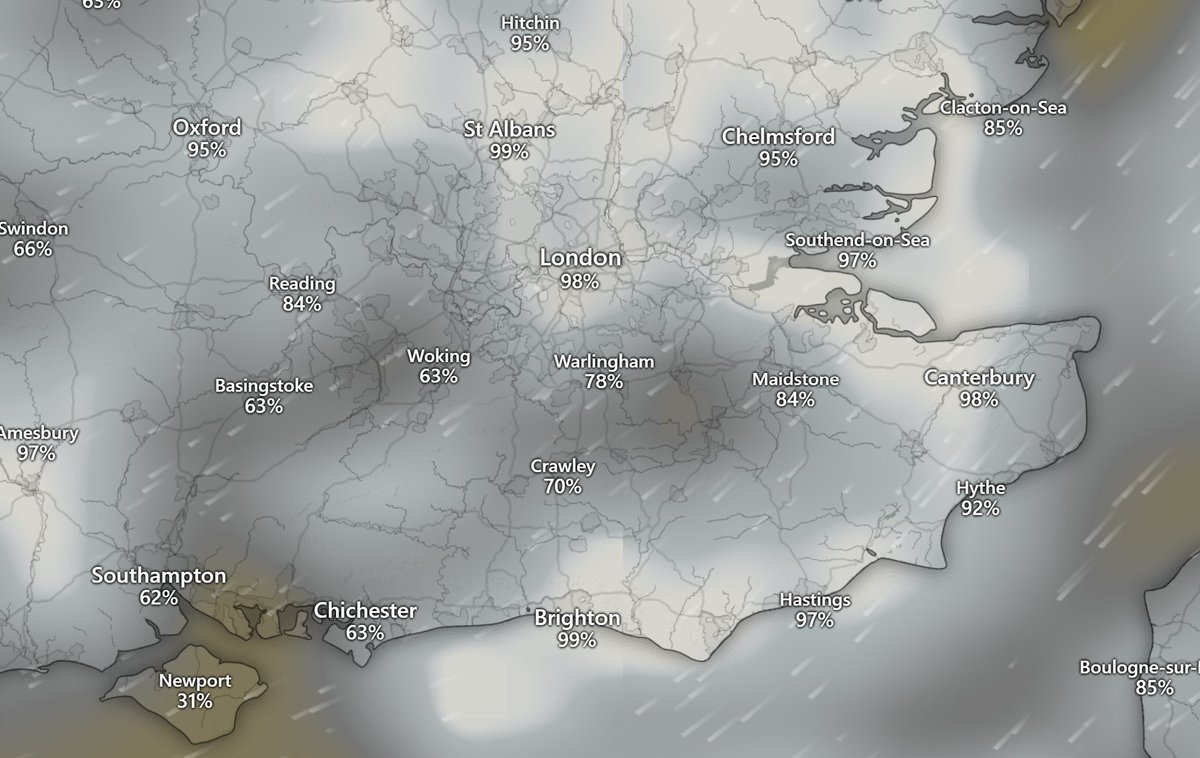 Mostly on the cloudy side for the rest of the night with the odd chance of drizzle in places and formation of mist and fog, especially along the coasts of Kent.

Monday will be a mostly cloudy overcast day with low cloud throughout, similar for much of the week, mostly mild.