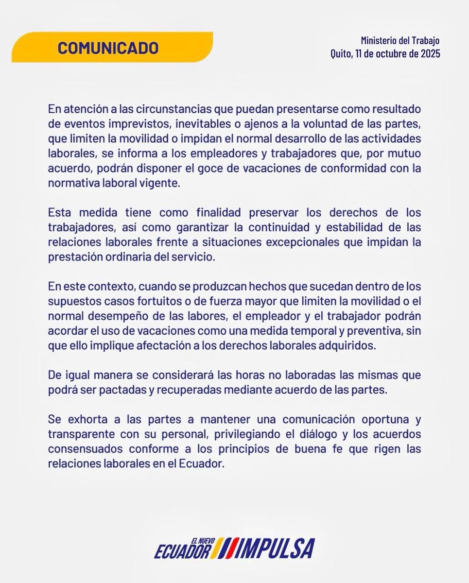 #ATENCIÓN | El Ministerio de Trabajo señaló que, por mutuo acuerdo, empleadores y trabajadores podrán acogerse a vacaciones, en caso de eventos imprevistos, inevitables o ajenos a la voluntad de las partes.