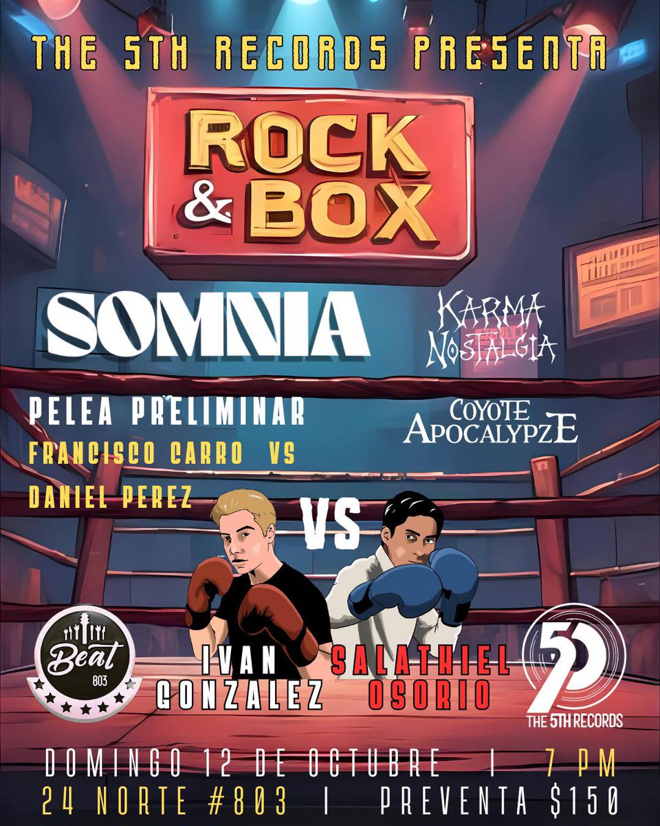 El_fusilmx's tweet image. Noche de "Rock &amp;amp; Box" en el .@beatpueblamx, nos espera una velada repleta de riffs mezclado con adrenalina al 100, hoy 12 de octubre a las 7 PM. Encendiendo la tarima el talento local de: #Somnia #KarmaNostalgia #CoyoteApocalypze