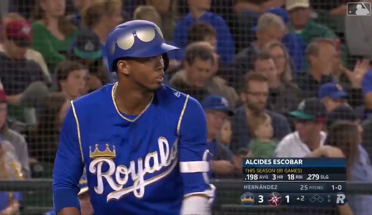RoyalsCollector's tweet photo. Alcides Escobar #Royals @ #Mariners 6/30/18 Turn Ahead the Clock Auto’d Batting Helmet Really like these &amp; wish they used in more games Would be great if used like the Powder Blue alt helmets were in 2025. A favorite helmet in my PC just for the look. #GameUsed  #FountainsUp https://t.co/aKa07gfv5V
