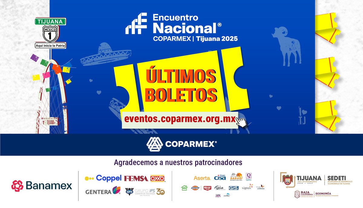 El #EncuentroCoparmex2025 es un espacio de acción y liderazgo.

A lo largo de tres días, abordaremos temas estratégicos: inversión y nearshoring, seguridad, vida digna, inclusión social y el rol de México en la geopolítica global.

Planea tu participación y sé parte de este gran