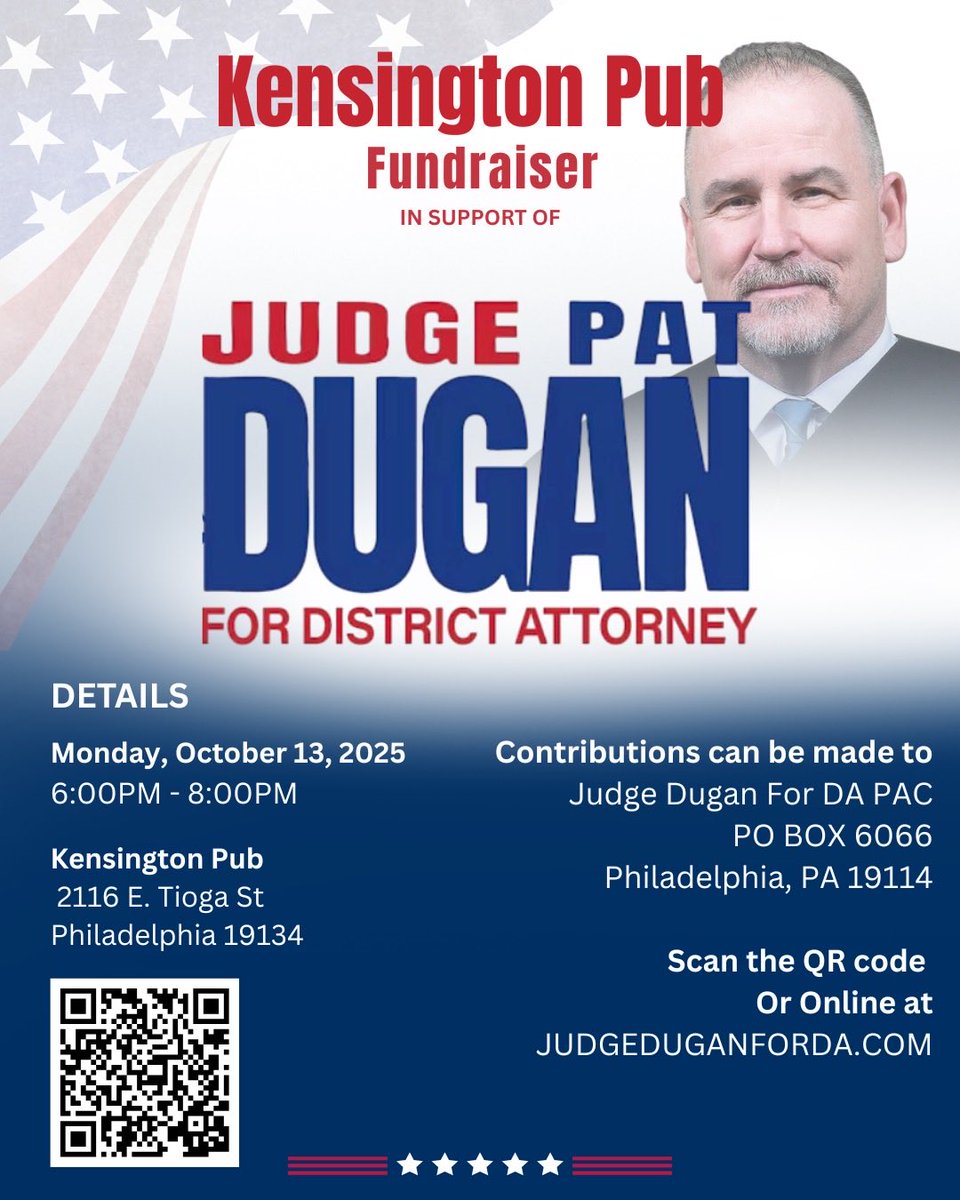 VoteDugan's tweet photo. Kensington and all of Philly deserve hope, safety, and justice that works for everyone.
Join neighbors and friends Monday, Oct. 13th at Kensington Pub to support Judge Pat Dugan for DA.
Change starts with us‼️
#PhillyTogether #DuganForDA https://t.co/1k5RUoo1JY