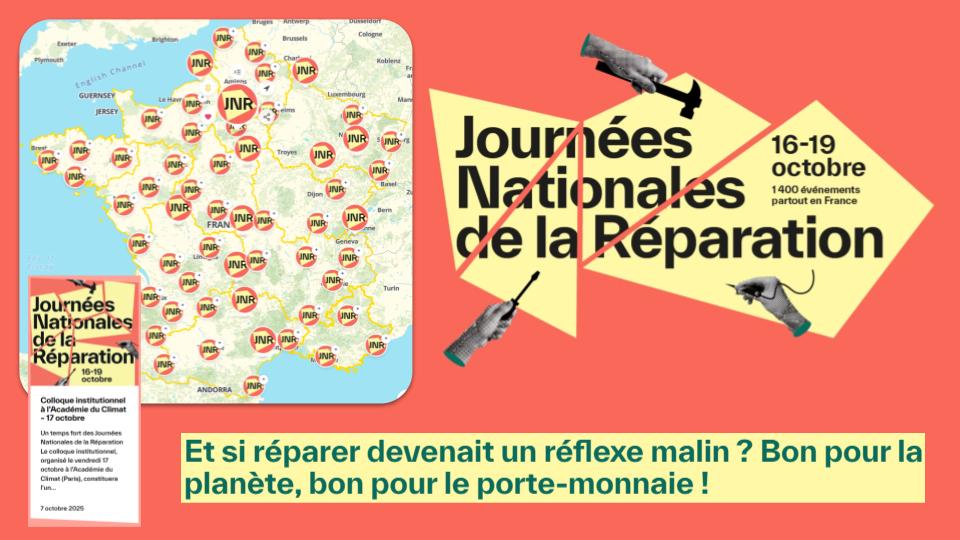 Les Journées Nationales de la Réparation : Pour mettre en lumière les initiatives visant à réparer et prolonger la durée de vie de nos objets #CycleDeVie. 
<a href="/ademe/">ADEME</a> #RepairDay
#NoPlanetB
👉 journeesreparation.fr/#programme