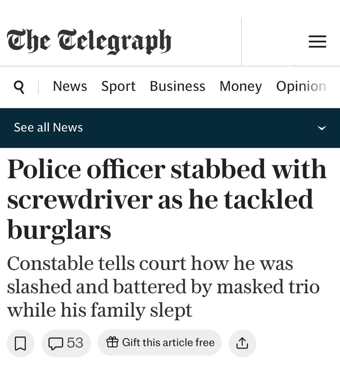 BettyBoochichi2's tweet photo. A police officer was stabbed with a screwdriver as he fought off armed burglars at his home, a court has heard.

Pc Andrew Kemp confronted the three masked men at his home in Newbury, Berkshire, while his wife and children were sleeping.

He grabbed one of them and clung on, despite being repeatedly stabbed with a long screwdriver, slashed with a knife and bludgeoned with a metal bar by the other two.

Downplaying his bravery, Pc Kemp told jurors at Reading Crown Court: “I’m a police officer; it’s what I do.”

Pc Kemp told the court he was woken in the early hours of May 15 last year by a neighbour’s phone call warning him of masked intruders with torches on his property.

Dressed in shorts and a T-shirt, he confronted them while trying to open his garage.

Two managed to use a woodpile to help scale an 8ft garden fence, but he grabbed Jordan Dashwood, 22, on his way up.

As they wrestled, one of the other intruders said: “Stab him,” while the other replied: “I’ll do it.”

PC Kemp let go of Dashwood briefly in order to release police dog Astle – a highly trained Belgian Malinois – from his kennel.

Then he and the dog grabbed the fleeing Dashwood as his accomplices tried to haul him back over the fence.

It was then Pc Kemp was struck with a metal implement twice on the head. He said: “It was the hardest thing I’ve ever been hit with in my life.”

He said that he and Astle managed to wrestle Dashwood down as the accomplices fled.

But the raider continued to struggle and was only subdued when Pc Kemp punched him.

Jurors heard the officer suffered two gashes to his scalp, a knife wound in his right arm, a screwdriver puncture wound to his elbow, a screwdriver wound to his cheek, and a defensive cut to his hand.

Dashwood, of Oak Drive, Poole, Dorset, admitted going equipped for theft but denied causing grievous bodily harm with intent, and jurors acquitted him of that offence.

He was jailed for 18 months.

Link to the article: https://t.co/t3GhDwoqn0