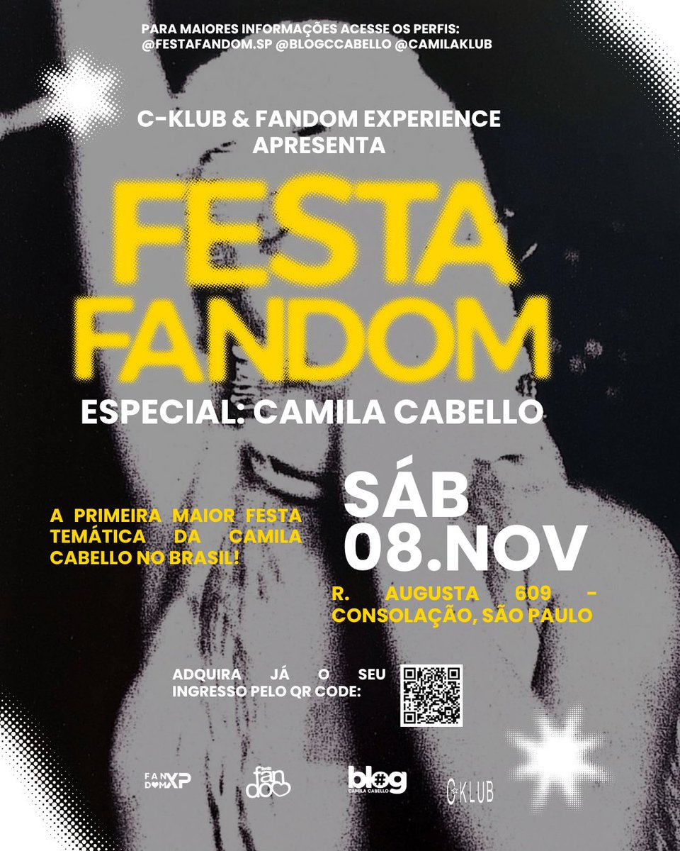 Com os pôsteres já espalhados pelas ruas, tem início a divulgação oficial da Festa Fandom: Especial Camila Cabello.
Organizada pela C-Klub, Fandom Experience e Blog Camila Cabello, a celebração promete um encontro inédito entre fãs, com uma programação inspirada nas diferentes