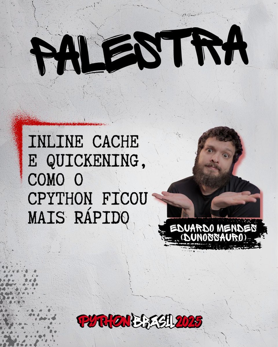 pythonbrasil's tweet image. Palestra
Inline cache e Quickening, como o cpython ficou mais rápido - Eduardo Mendes (Dunossauro)
Na versão 3.11 do python tivemos uma reviravolta no assunto desempenho, com melhorias entre 10-60%. Como isso foi possível? Qual a tecnologia envolvida para essas melhorias?