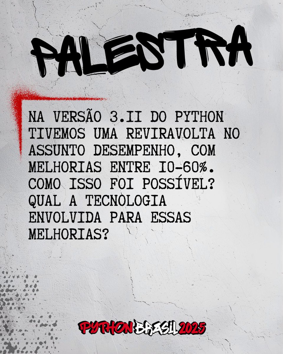 pythonbrasil's tweet image. Palestra
Inline cache e Quickening, como o cpython ficou mais rápido - Eduardo Mendes (Dunossauro)
Na versão 3.11 do python tivemos uma reviravolta no assunto desempenho, com melhorias entre 10-60%. Como isso foi possível? Qual a tecnologia envolvida para essas melhorias?