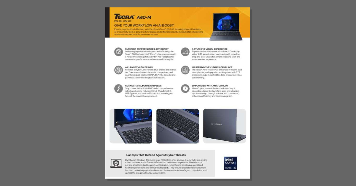 enterpriseti's tweet image. Give your workflow an AI boost with the Tecra A60-M. 📈 Download the brochure to see how it enhances productivity and security anywhere you work. @dynabookusa #Tecra #AllDayBattery #SmallBusinessTech #WorkAnywhere stuf.in/bh9qxr