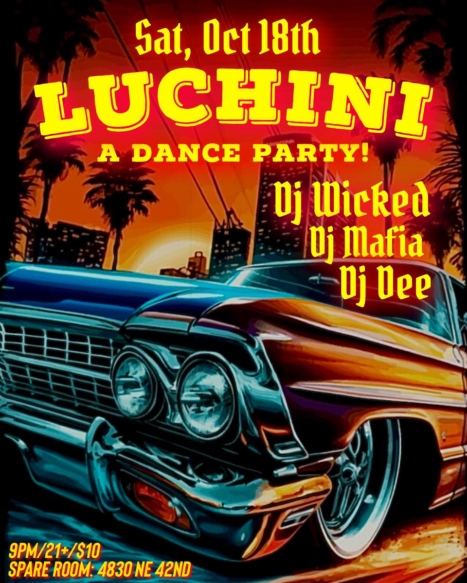djwicked's tweet photo. This Sat, Oct 18th is the Luchini party at the Spare Room! Portland’s premiere, all vinyl dance party, featuring DJ Wicked, DJ Mafia & DJ Dee. This time around we’ll be spinning a heavy dose of the funk!
#Luchini #PDXevents #PDXdance #Oregon #PortlandEvents #DJWicked #Portland https://t.co/YMP21eeRvq