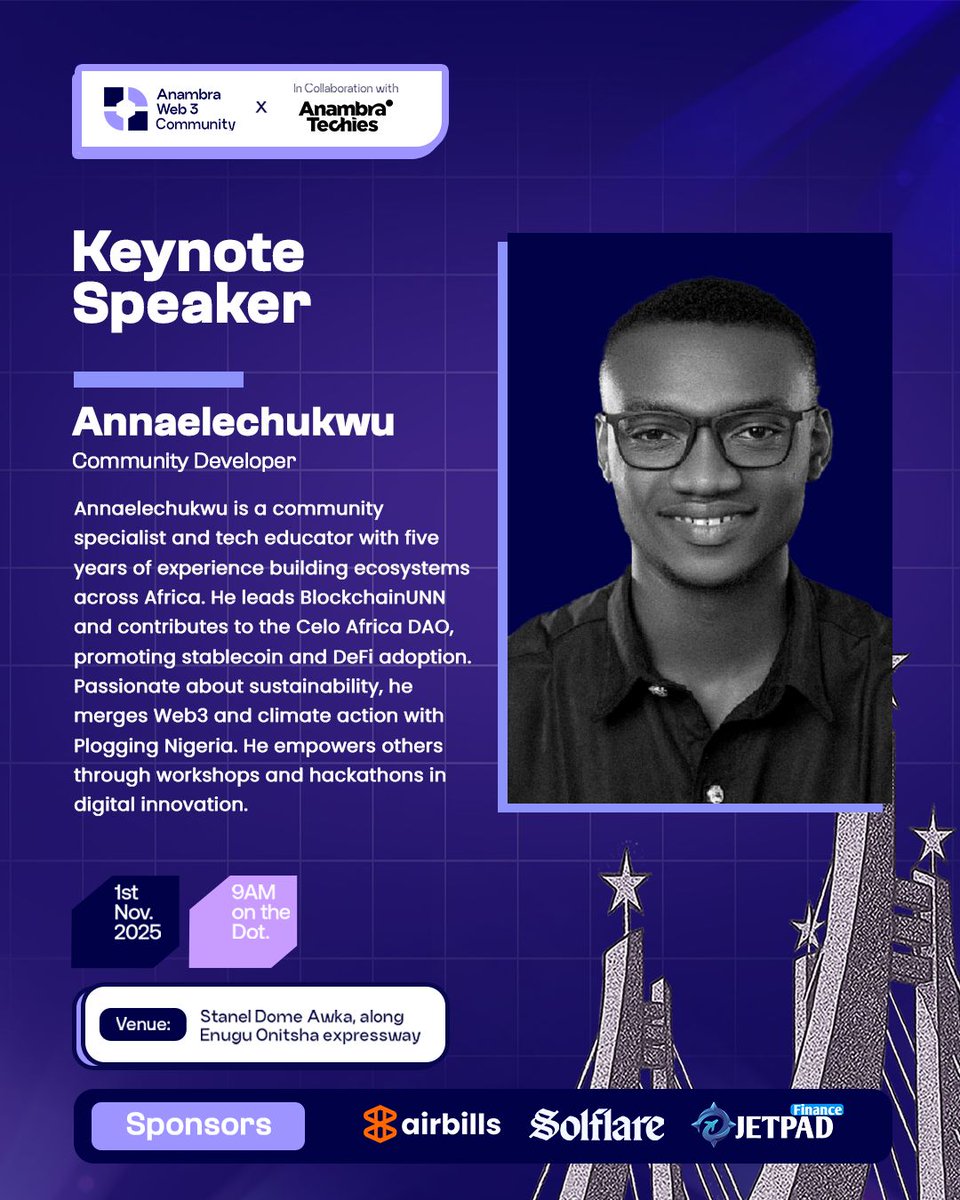 anambraweb3conf's tweet image. Speaker Announcement! 📣 

We’re excited to announce @NdukaAnthonyA , one of Africa’s most passionate community builders and tech educators, as a speaker at the Anambra Web3 Conference 2.0! 🚀

 @NdukaAnthonyA  leads @BlockchainUNN , one of Nigeria’s foremost campus blockchain…