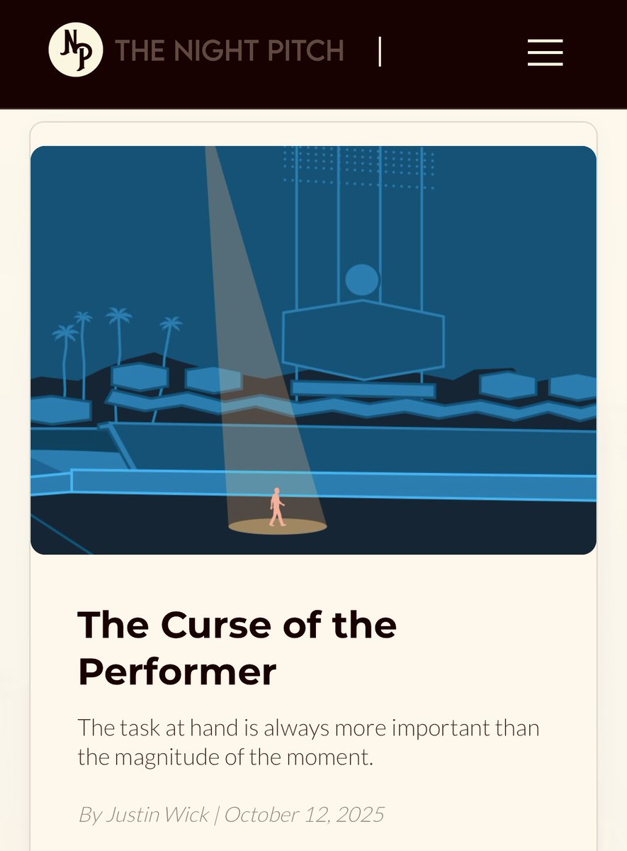 TheNightPitch's tweet image. The Curse of the Performer: the task at hand is always more important than the magnitude of the moment.

✏️: nightpitch.com/article.html?i…