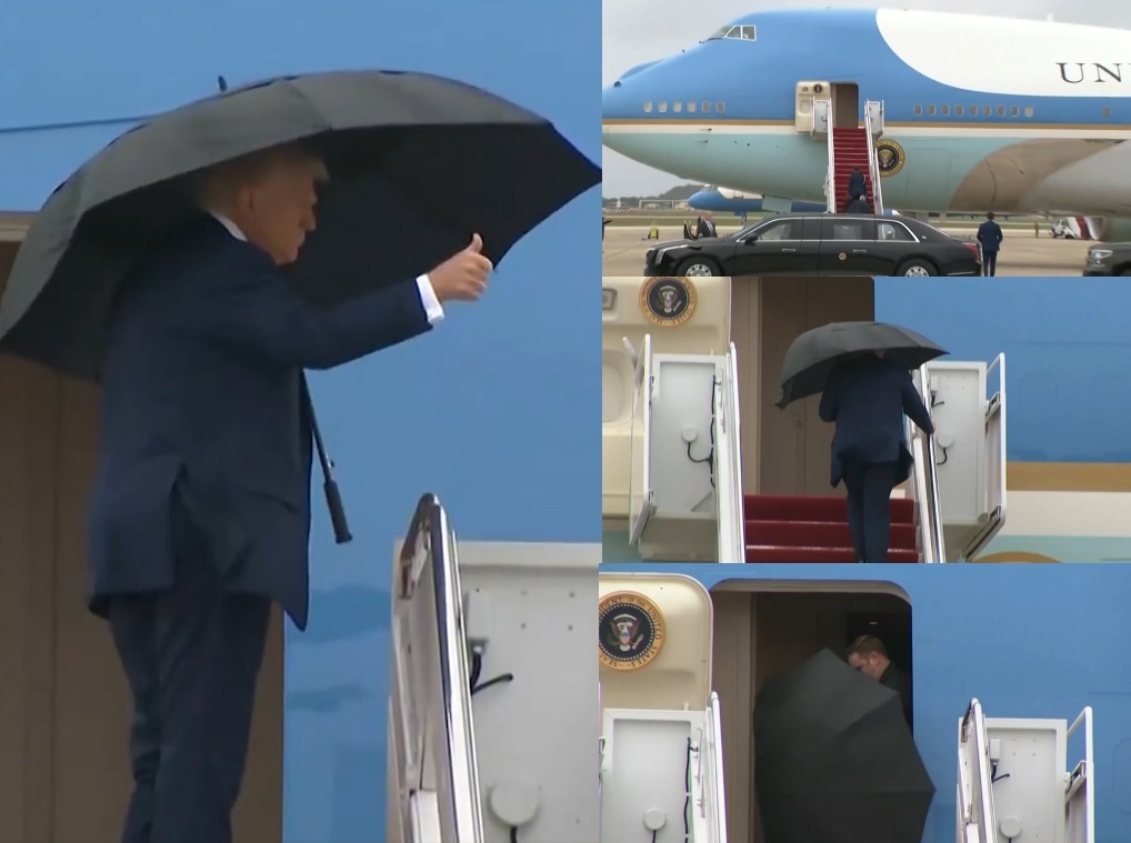 OccupyDemocrats's tweet image. BREAKING: Donald Trump has a HUMILIATING viral moment as he struggles and fails to close his umbrella while boarding Air Force One — supercharging rumors of his physical decline.

If Joe Biden had done this, there would have been wall-to-wall coverage...

"I could almost hear the
