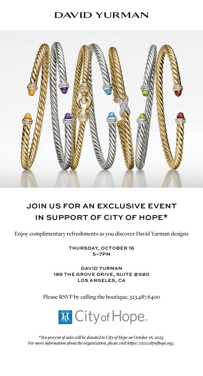 _kwphotography's tweet photo. Breast cancer month / shop early light bites &amp; sparkling beverages Fundraiser Shopping event Thursday 5pm-7pm RSVP 1-323-487-6400 or email kwaterman@davidyurman.com 
@TheGroveLA @DavidYurman @cityofhope @CityofHopeSurg  @cityofhopeedu  @CityOfHopeBDC https://t.co/FTWXeDcHK0