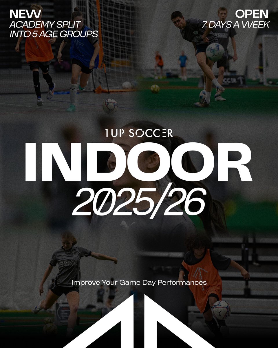 YYC… 1UP INDOOR is here!

🔥 NEW! 5 phases &amp; 2 calendar terms 
💳 No upfront fees
📅 Sessions delivered 7 days a week
🫶 Most affordable per-session priced academy 
♻️ Reschedule individual sessions so you don’t skip a beat
📍 North &amp; south locations 
🔗 1upsoccer.com/indoor