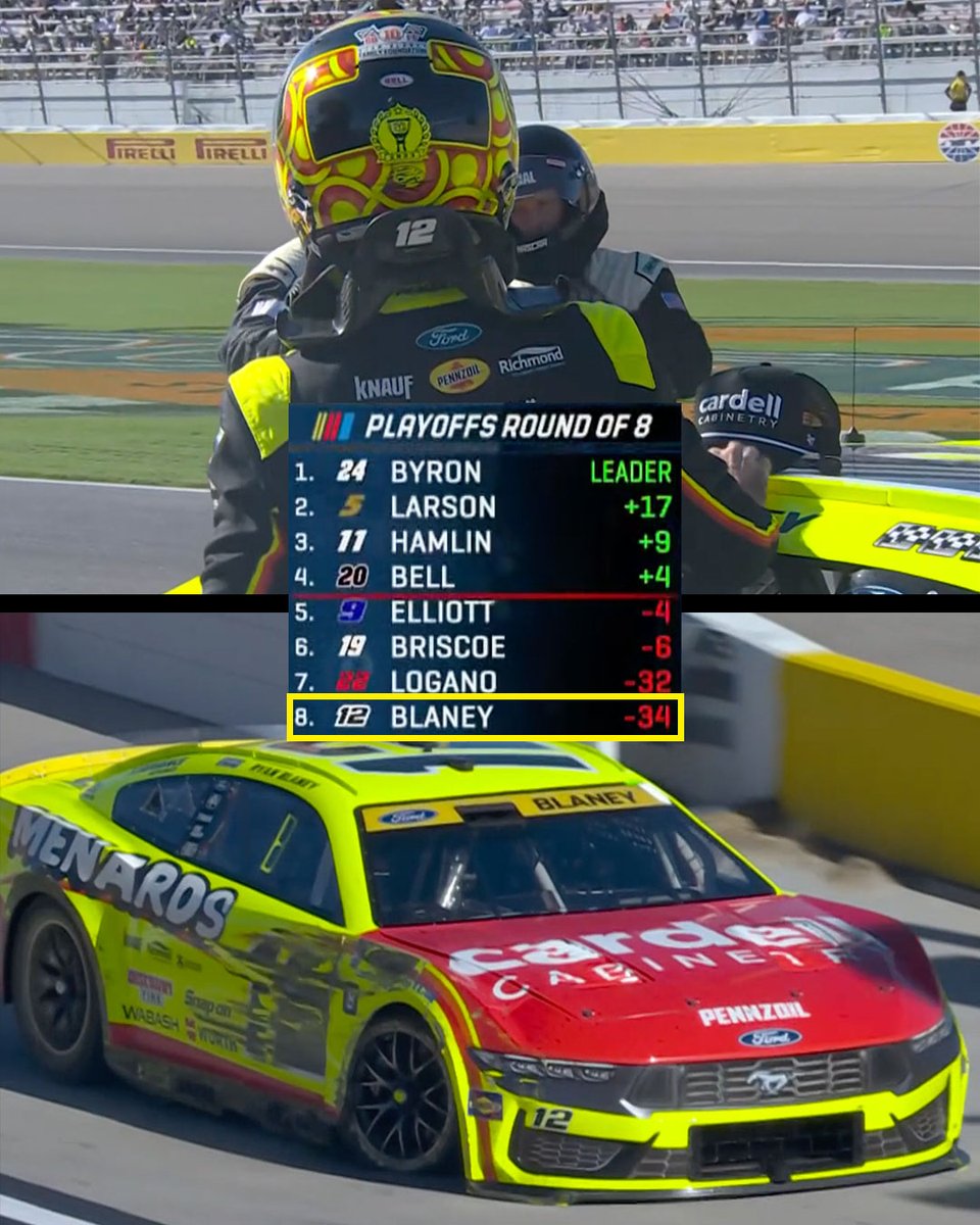 Ryan Blaney will have to make the NASCAR championship the hard way. 😵‍💫

His crash in Las Vegas puts him last in the title race as they run.