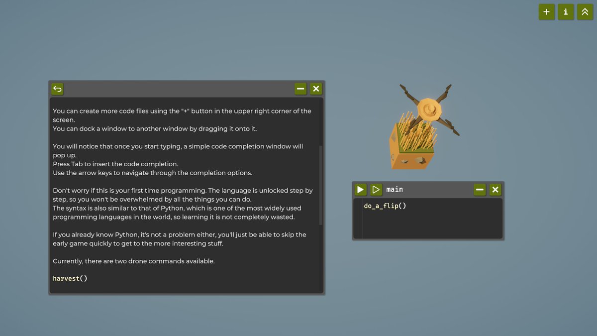 Pampadalampa's tweet image. If you want to learn programming in a fun and entertaining way, I highly recommend &quot;The farmer was replaced&quot;.

You start with programming drones similar to python language and continuosly improve your algo.

You unlock further languages and functions by farming.

Really fun!