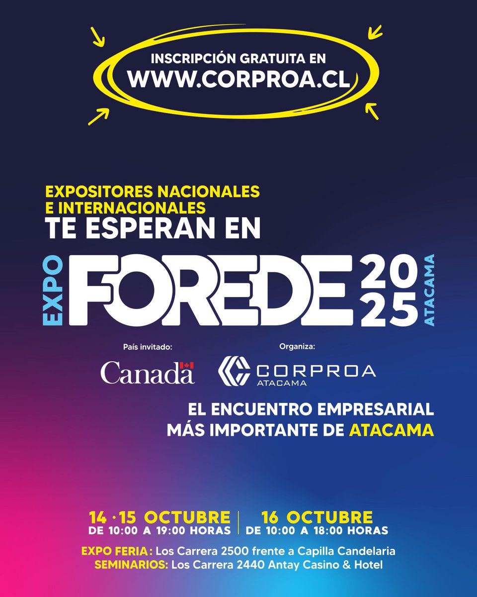 Visita EXPO FOREDE 2025 este 14, 15 y 16 de Octubre. Inscríbete de manera gratuita en corproa.cl.  
#atacama #copiapo #expoforede