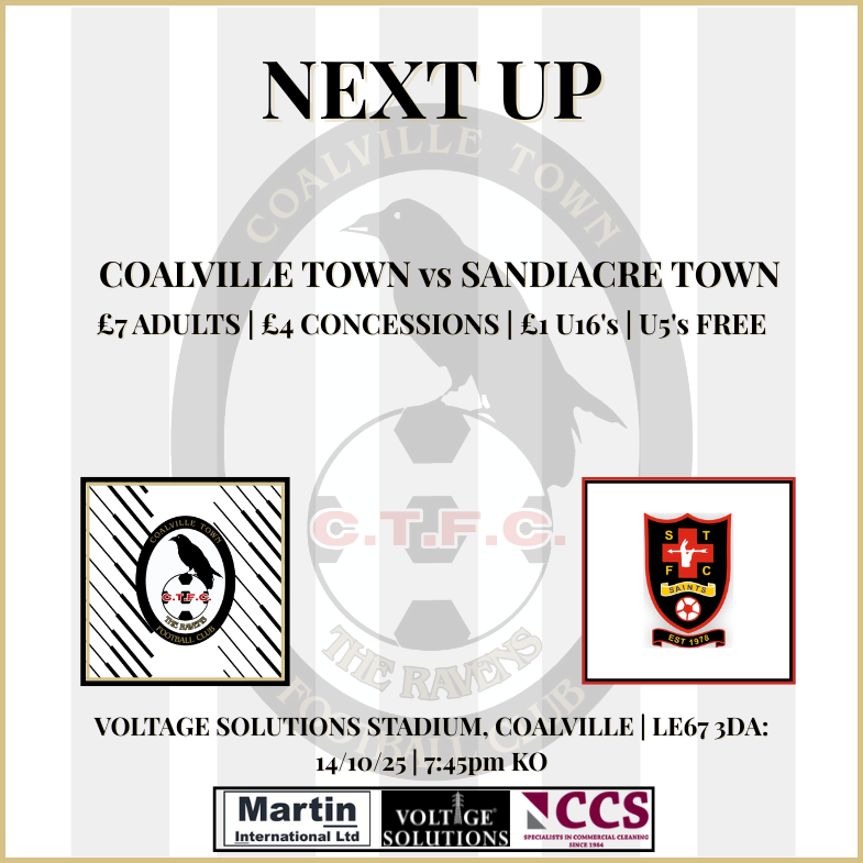🖤⚪ NEXT UP ⚪🖤

Under the lights at the newly named Voltage Solutions Stadium! ⚡

The Ravens host fellow promotion hopefuls <a href="/sandiacre_town/">Sandiacre Town FC</a> in the <a href="/utdcos/">UCL</a> Division One as they look to continue their fine form. 

📅 Tuesday 14 October
⏰ 7:45pm KO

#UpTheRavens