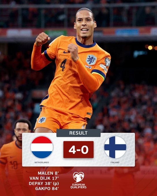 Virgil van Dijk in orange Netherlands national team jersey number 4, celebrating with arms raised and smile on face during match on green field, stadium stands with spectators in background. Score graphic overlay shows Netherlands flag 4-0 Finland flag, labeled RESULT in WCQ QUALIFIERS, with UEFA EURO logo.