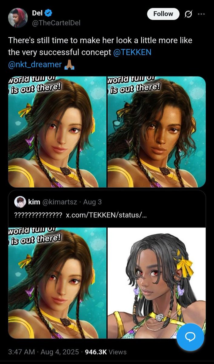 RaveCave5's tweet image. Yeah, it definitely wasn't the lighting.
Miary Zo used to be black ●-●
#TEKKEN8 #Miary