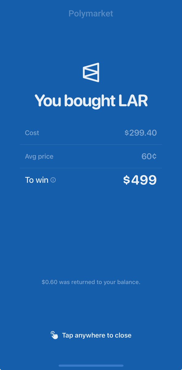 Screenshot of Polymarket app showing a purchase of LAR shares
