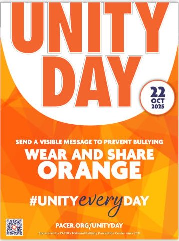 We celebrate Unity Day when we return from the break. Bobcat Time learning and Wednesday welcome in the works! Wear Orange 🧡