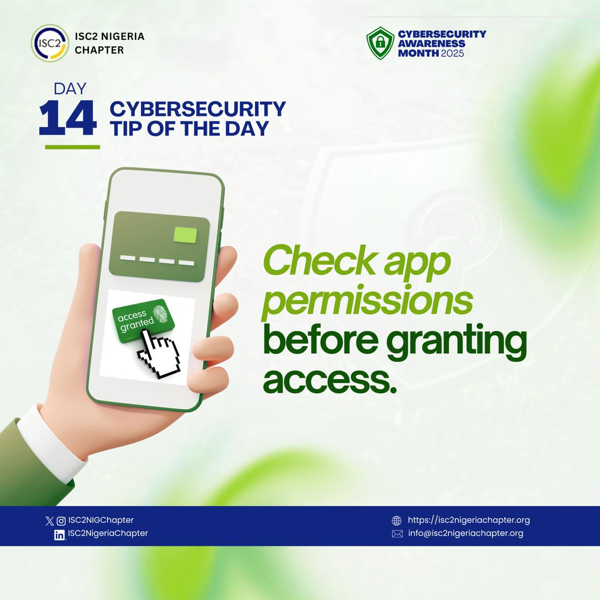 ISC2NIGChapter's tweet image. Day 14
Not every app needs full access. Review permissions before you tap “Allow.”
A few seconds to review permissions can save you from a data breach.
#ISC2 #OctoberCybersecurityAwarenessMonth #DataPrivacy